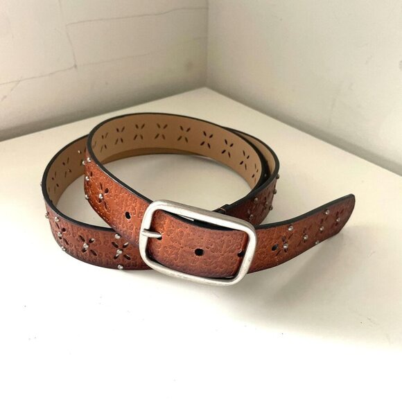 Leather Embossed Studded Cutout Floral Belt Women's Brown Wester Country Casual - Picture 2 of 10